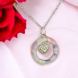 Pink Tourmaline Resin Donut Pendant Necklace | Floating Silver Heart Charm | 18”